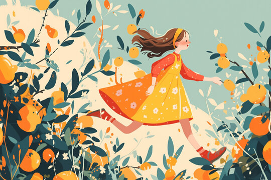 Joyful Young Girl Running Playfully in Sunny Orange Garden Illustration