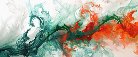 Swirls of emerald green and vibrant coral elegantly dance across a pristine white backdrop, weaving together to form an abstract tableau bursting with dynamic energy.