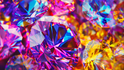 Close-up of a large shining colourful diamonds on a bokeh brilliant background