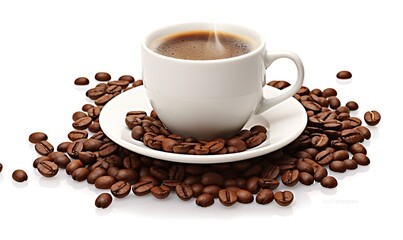 Obraz premium Cup of coffee and beans isolated on white background