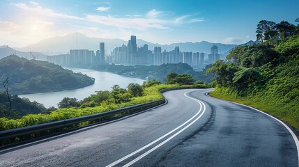 Asphalt Highway and Skyline with Modern Buildings: A Scenic Road Trip to the Mountains and the Journey to Modernity with a City&rsquo;s Skyline Beyond Nature