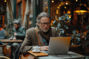 Obraz na płótnie Canvas Senior Businessman Working on Laptop in Coffee Shop