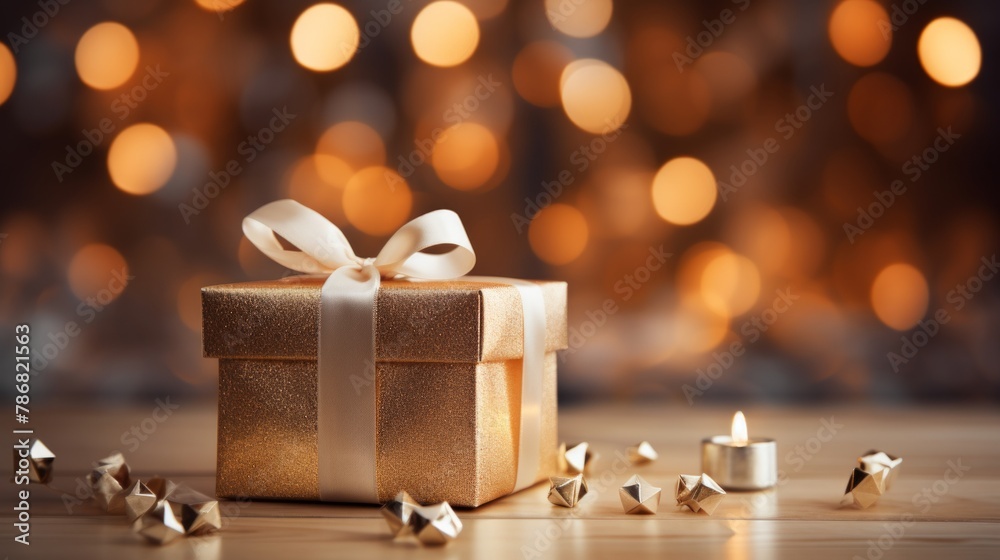 Poster Generative AI Hyper-realistic visualization featuring beautifully wrapped white and gold Christmas gifts neatly placed on an empty table, enveloped by enchanting blurred bokeh lights. Elegant and fest