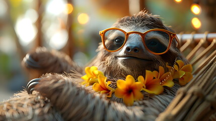 Naklejka premium A sloth wearing sunglasses and a garland of tropical flowers rests in a hanging hammock. Hawaii summer holiday concept. Lazy sunny day.