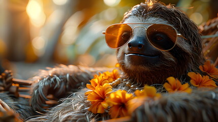 Naklejka premium A sloth wearing sunglasses and a garland of tropical flowers rests in a hanging hammock. Hawaii summer holiday concept. Lazy sunny day.