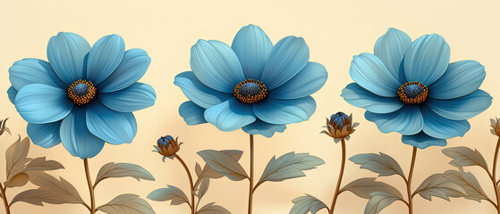 a three blue flowers with leaves on a beige background