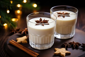 Eggnog with cinnamon and star anise on wooden background