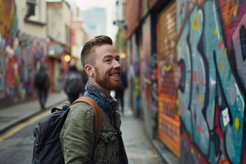 Portrait of a bearded hipster man with a backpack in the street