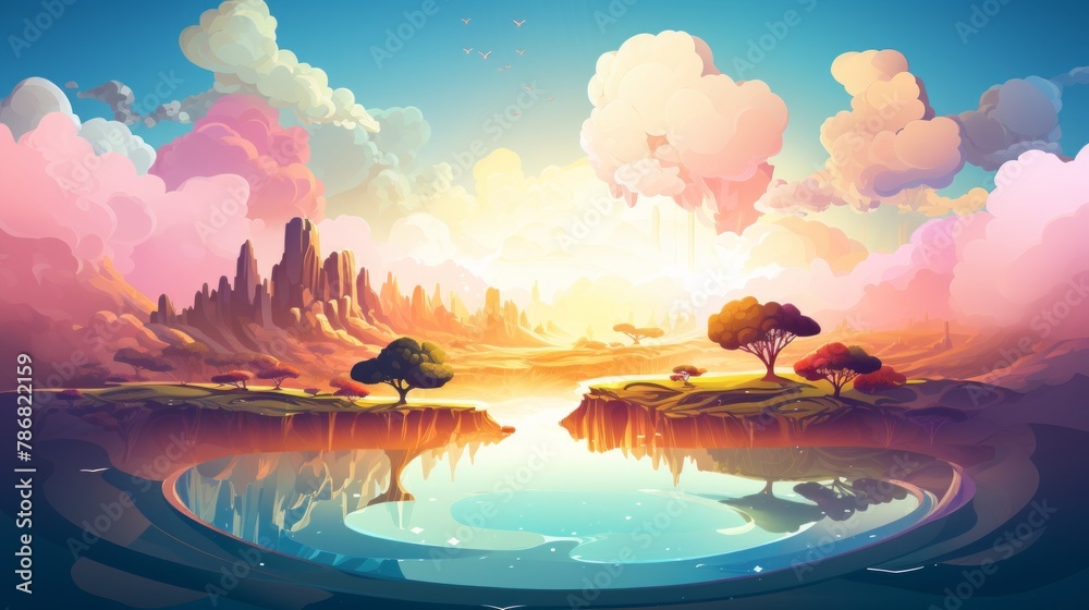 Poster generative ai a surreal, otherworldly landscape with floating islands. vector cartoon graphic