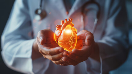 Medical doctor holding glowing anatomic human heart in hands, cardiovascular system protection and care,generative ai
