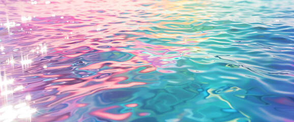 Fototapeta na wymiar The tranquil surface of the water glistens under the gentle sunlight, displaying a mesmerizing array of rainbow colors. 