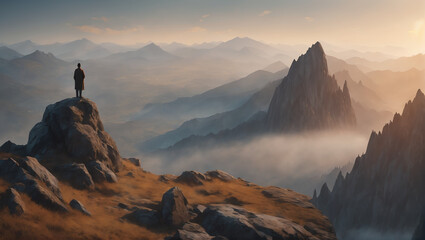 A scene of a solitary figure standing on a rocky overlook, gazing out at a panoramic view of rugged mountain peaks bathed in the warm light of dawn. ULTRA HD 8K - obrazy, fototapety, plakaty
