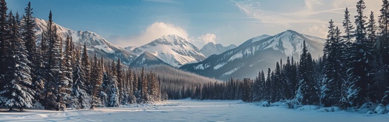 A painting showcasing snow-covered mountains and trees, capturing the winter scenery with detailed brushstrokes and muted colors. The mountains stand tall in the background while the trees are blanket