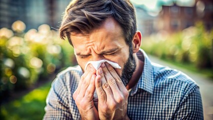 Exhibiting Allergy Symptoms: Individual Sneeze and Eye Rubbing - obrazy, fototapety, plakaty