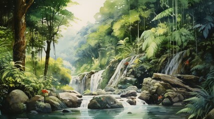 Generative AI A tropical rainforest with diverse vegetation and a waterfall. landscape watercolor