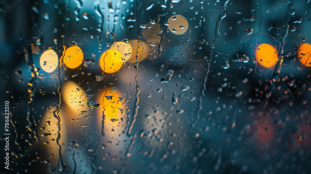 Aufkleber rain drops are visible on a window, with street lights glowing in the background. the rainy weather 