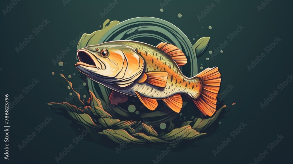 Sticker Fish is swimming in pond with green leaves and rocks