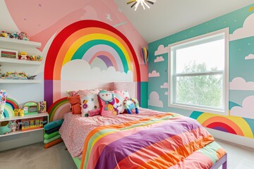 A playful children's bedroom with rainbow-colored walls, whimsical murals, and colorful bedding, Generative AI