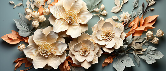 a many paper flowers on a blue surface