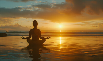 Fototapeta premium Yoga at Sunset on the Beach: Woman Performing Asanas
