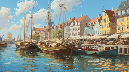 Painting of harbor with several boats docked - obrazy, fototapety, plakaty