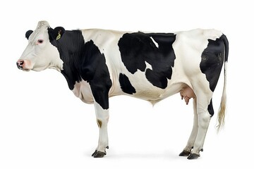 a black and white cow standing in front of a white background