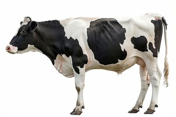 a black and white cow standing on a white background