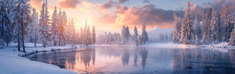 A snowy landscape with a lake and trees. The sky is pink and the sun is setting - Powered by Adobe