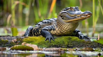 Obraz premium A baby alligator is laying on a log in a pond. The scene is peaceful and serene, with the alligator looking out over the water