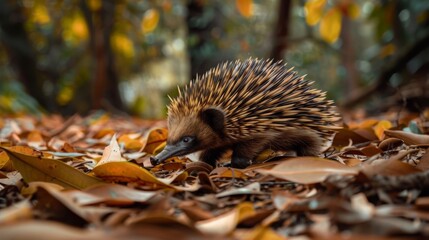 A porcupine is casually strolling through a pile of brown leaves scattered on the ground, its quills visible and rustling as it moves along the forest floor.