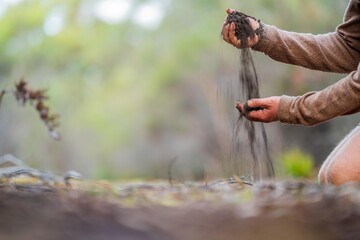 dropping soil in hands feeling texture and soil health. earth in hands