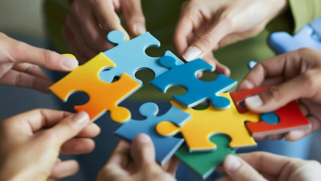Hands work together to assemble vivid blue, yellow, red and green puzzle pieces. Fingers interlock the pieces, gradually completing the puzzle. 