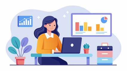 Vector art  of a businesswoman working online at home office on web monitor dashboard with internet network connection technology concept isolated on white background 