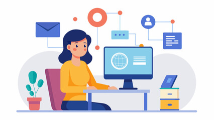 Vector art  of a businesswoman working online at home office on web monitor dashboard with internet network connection technology concept isolated on white background 