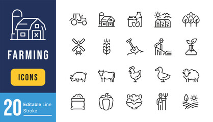 Set of Farming Related Vector Line Icons. Contains such Barn, Livestock, Tree Garden and more. Editable Stroke.