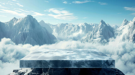 Whispers of Ice: glacier podium with mountain backdrop - obrazy, fototapety, plakaty