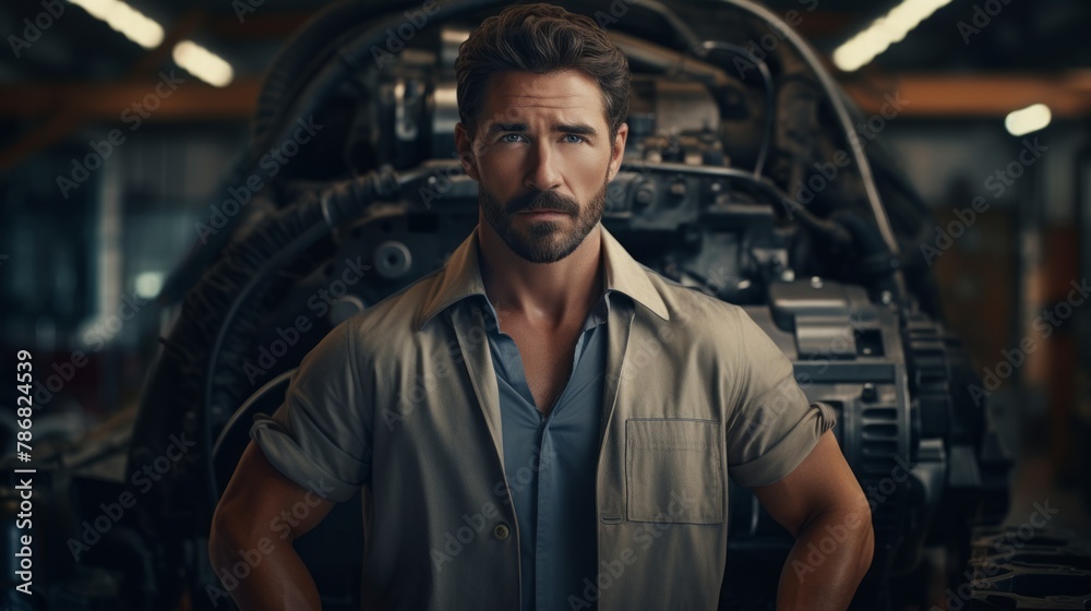 Poster Generative AI Portrait of an auto mechanic holding a timing belt, explaining maintenance, expertise demonstrated in a workshop