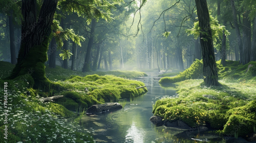 Poster a stream is seen weaving its way through a dense and vibrant green forest. the water glistens under 