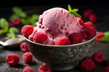 Raspberry ice cream with fresh raspberries in a bowl