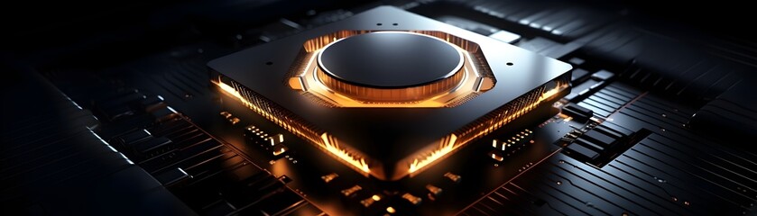 Futuristic Cryptocurrency CPU Processor with Intricate Glowing Metallic Circuit Board in Digital Nanotechnology Design