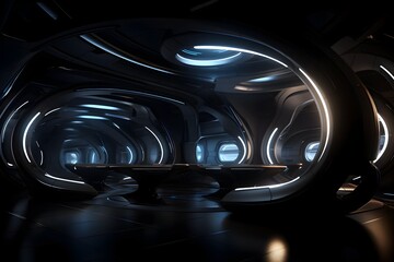 Futuristic Curve-Designed Sci-Fi Interior with Mesmerizing Metallic Hallway and Surreal Lighting