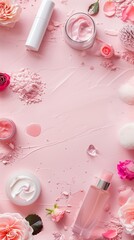 Copy space jar cream, lip balm, toner bottle water and powder cosmetics theme background