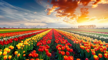A vibrant field filled with colorful tulips stretches out under a cloudy sky. The tulips cover the ground, creating a stunning display of various hues under the grey sky.