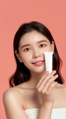 Obraz na płótnie Canvas Beauty young Asian female and face wash tube bottle skincare treatment