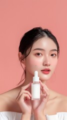 Beauty young Asian female and bottle glass serum skincare treatment