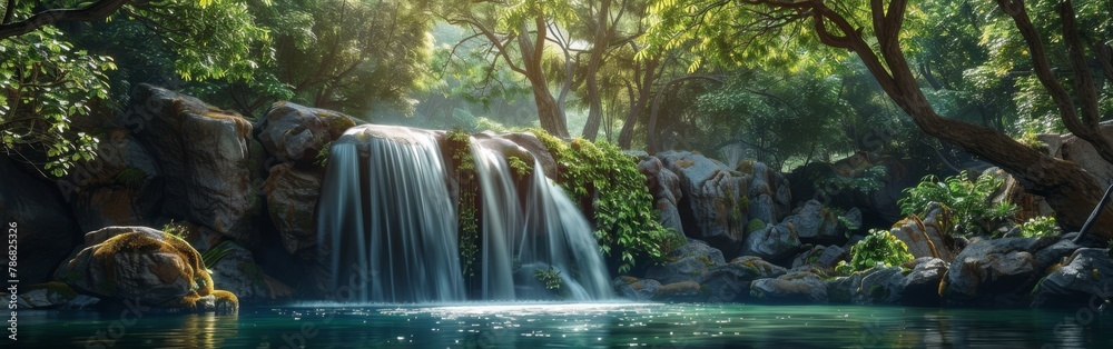 Poster a waterfall is flowing into a pond in a lush green forest. the water is clear and calm, and the tree