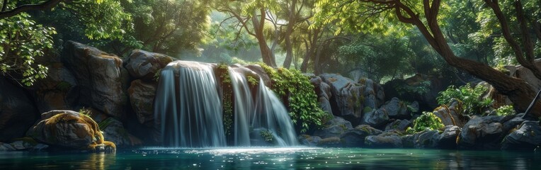 A waterfall is flowing into a pond in a lush green forest. The water is clear and calm, and the trees surrounding the pond are tall and green. The scene is peaceful and serene - Powered by Adobe
