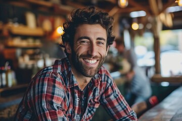 Portrait of a smiling man sitting at a bar counter in a pub