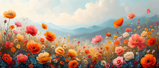 Fototapeta na wymiar a painting of a field of flowers with mountains in the background