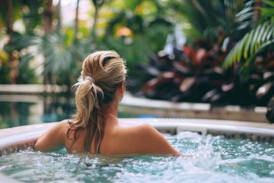 portrait of a woman in swimming pool relaxing, wellness, Rejuvenation	